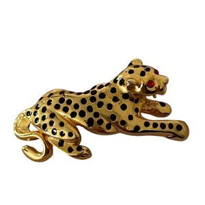 Vintage Gold Tone Leopard Panther Brooch Red Eyes Black Spots Pin